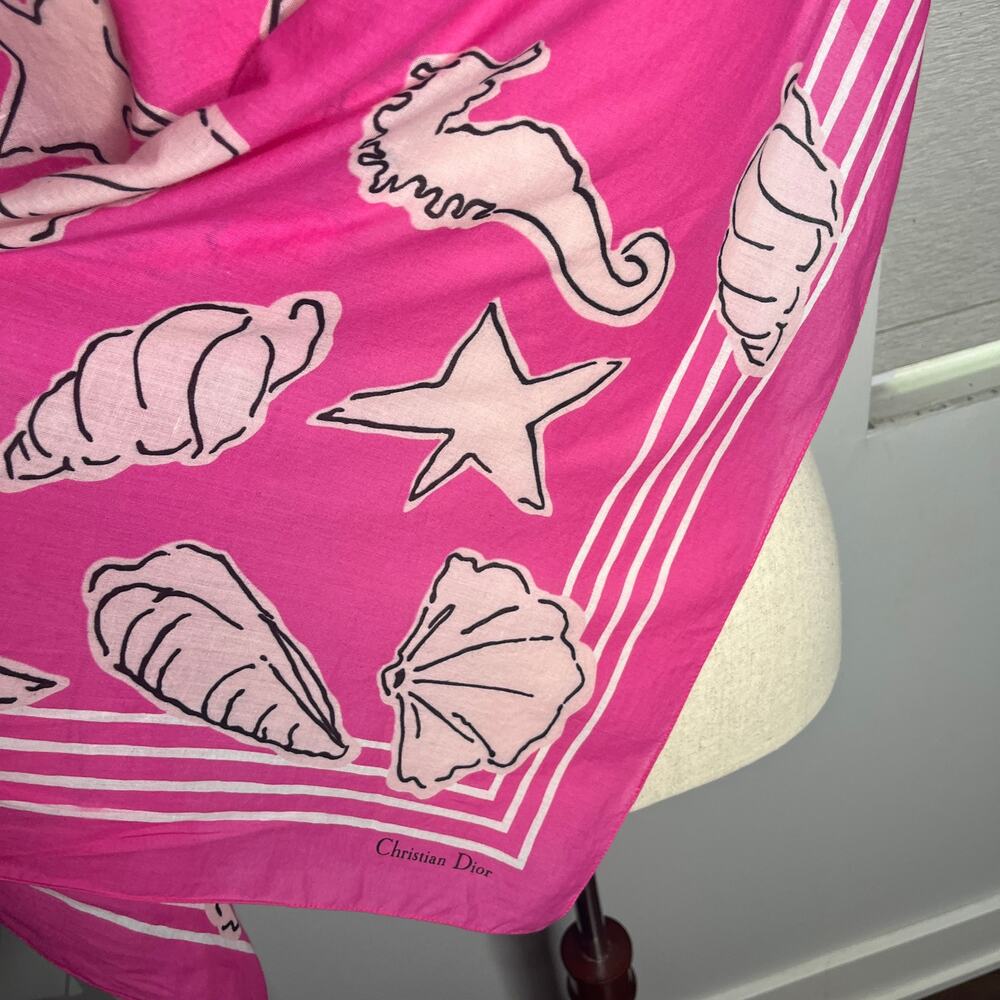 1970s VTG Christian Dior Scarf Pink Seashell Cotton Square 30" Starfish Seahorse - Picture 5 of 9